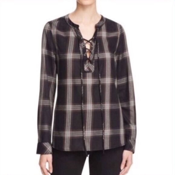 SANCTUARY LACE UP PLAID LONG SLEEVE POPOVER TOP MEDIUM - Picture 1 of 11